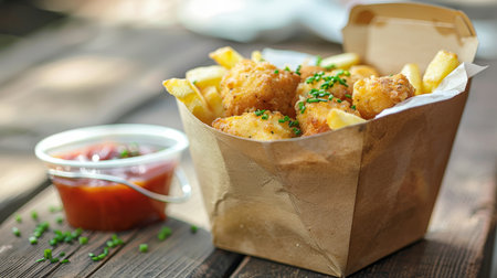 Classic chicken nuggets and fries on wooden table, top view with space for text placementの素材