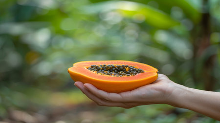 Ripe papaya held with blur background, perfect for text placement to emphasize freshnessの素材