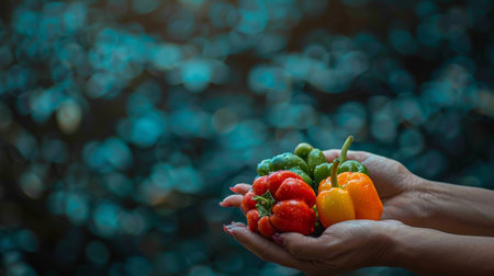 Vibrant bell peppers held against blurred backdrop, perfect selection with copy spaceの素材