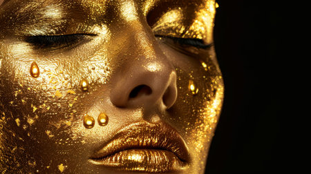 Golden paint smudges on model s face, lips, and nails with metallic skin makeup and lip gloss dripsの素材