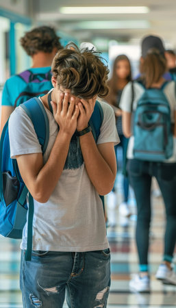 Distressed teen hides face in school corridor, blurred background, learning challenges, copy space.の素材