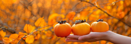 Hand holding ripe persimmon on blurred background with copy space, persimmon selection conceptの素材