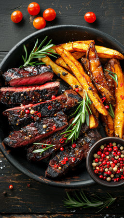 Classic steak and fries on wooden table  top view with ample space for text placement above viewの素材