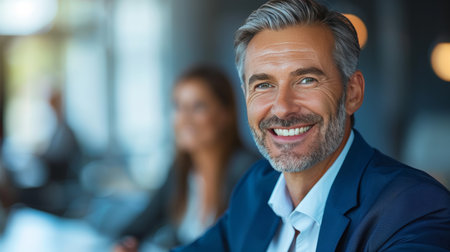 Happy businessman meeting with client in office, blurred background with copy spaceの素材