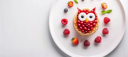 Cute owl pancakes with berries and honey on white plate, ideal for children s breakfast concept.の素材