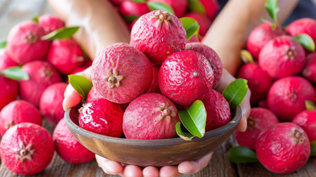 Hand holding tropical guava with blurred background, guava selection display with space for textの素材