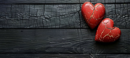 Cracked red heart on dark wooden background, symbolizing emotional concept and love themeの素材