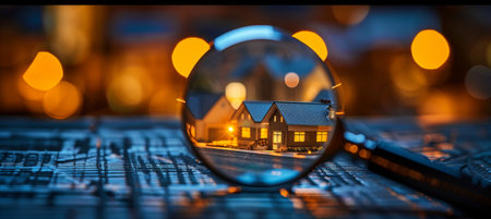 Real estate exploration  magnifying glass unveils detailed house model symbolizing property searchの素材