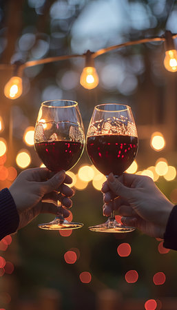Friends raising glasses of red wine in celebration at outdoor gathering during summertimeの素材