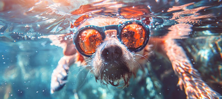 Playful dog diving underwater in summer fun with pet, close up shot for delightful vacation memoriesの素材