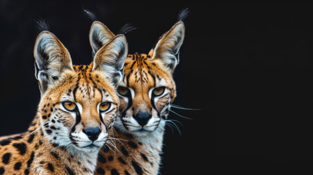Male serval and kitten portrait with space for text, object on right for balanced compositionの素材