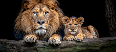 Male lion and cub portrait with empty space for text, object balancing composition on the right sideの素材