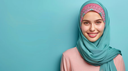 Elegant hijab wearing woman in portrait at pastel color photo studio, embodying grace and styleの素材