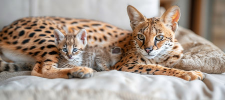 Male serval and kitten portrait with space for text, balanced composition with side objectの素材
