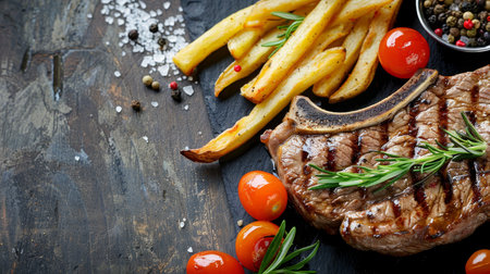 Top view of traditional steak and french fries on wooden table with space for textの素材