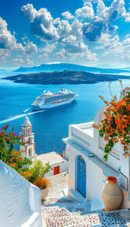 Santorini daytime panorama  fira and oia towns overlooking cliffs, beaches, small islands in greeceの素材