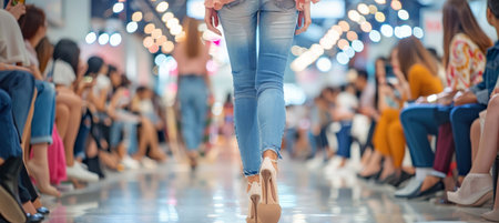 Elegant high fashion show featuring couture models confidently striding in high heels on the runwayの素材