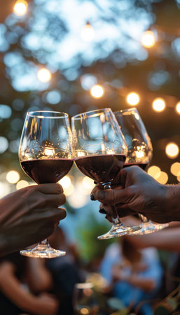 Friends enjoying summer party, toasting with red wine outdoors in a cheerful gatheringの素材