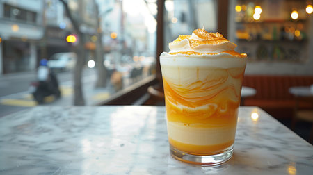 Iced frappe cup food photo on blurred background, perfect for creative text placementの素材