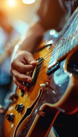 Passionate studio musician playing a song on the guitar in an intense close up shotの素材
