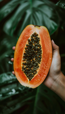 Hand holding ripe papaya on blurred background with space for text, ideal for papaya selectionの素材