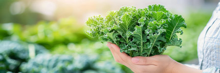 Hand holding fresh kale with blurred background, ideal kale selection with copy space for textの素材