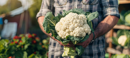 Hand holding cauliflower head with selection on blurred background, copy space availableの素材