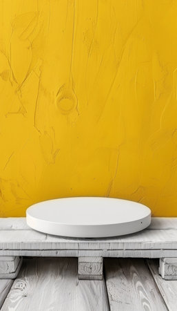 White podium on yellow background in light studio with product display spotlight and abstract scene.の素材