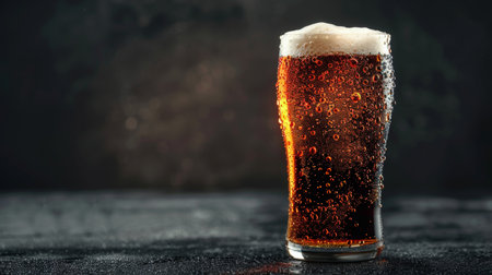 Close up of beer glass with water droplets, offering ample space for convenient text arrangementの素材