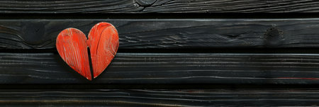 Cracked red heart symbol on dark wooden background for emotional concepts and design inspirationの素材