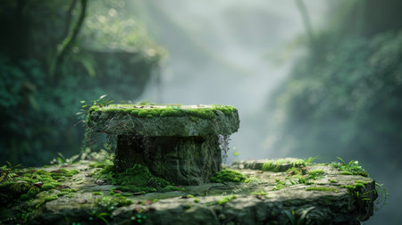Forest green moss podium with organic texture in serene misty woodland environmentの素材
