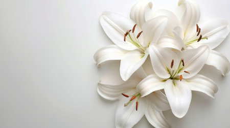 Funeral lily on white background with expansive area for artistic text placementの素材