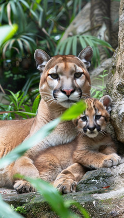 Male puma and cub portrait with spacious left area for convenient text placementの素材