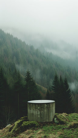 Forest green moss textured product podium in misty woodland setting for natural ambianceの素材