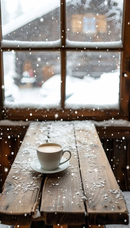 Warm drink by window  cozy cup of tea or coffee mug on table, winter holiday vibesの素材