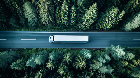 Drone s aerial view of car and truck driving on road through vibrant green forestの素材