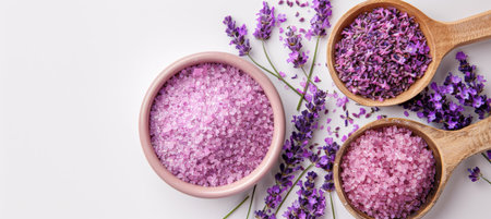 Lavender flowers in mortar on table, natural cosmetic ingredient with copy spaceの素材