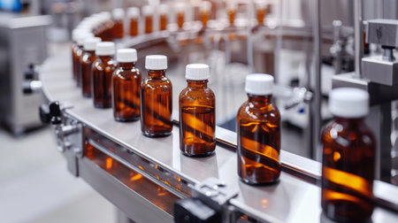 Pharmaceutical manufacturing setting with glass bottles on automated conveyor belt systemの素材
