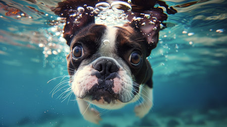 Playful dog diving underwater in a summer vacation scene with pet, creating a hilarious momentの素材