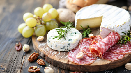 Artfully arranged charcuterie board with cheese, meats, fruits, nuts, and appetizersの素材