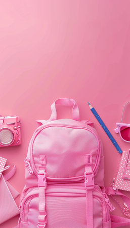 School bag essentials  stationery supplies banner design on pink background with space for textの素材