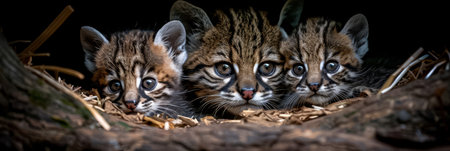 Geoffroy s cat and kitten portrait with empty space for text and object on the sideの素材