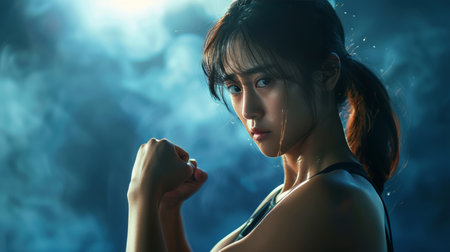 Asian woman showcasing strength in dynamic workout poses during fitness session in studioの素材