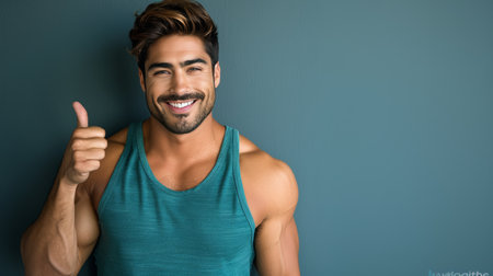 Muscular man in teal tank top gesturing approval on soft pastel backdrop with room for textの素材