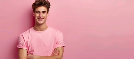 Curly haired man in sports t shirt exuding fitness enthusiasm on pastel background with text spaceの素材