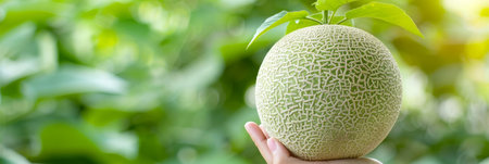Hand holding honeydew melon with blurred background, perfect for text placement and creative designsの素材