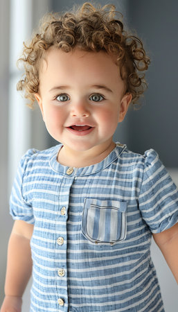 Charming child with curly hair happily smiling and making eye contact with the cameraの素材