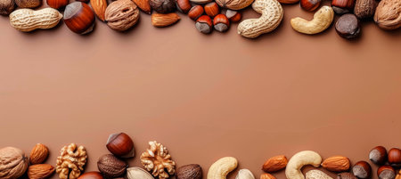 Variety of mixed nuts on plain background with generous area for customizable text positioningの素材