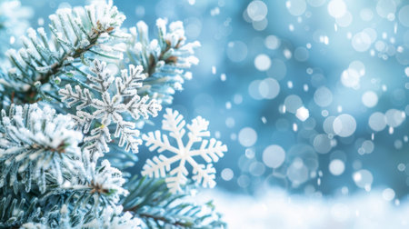 Festive christmas background with spruce branch and snowflakes frame, perfect for text placementの素材