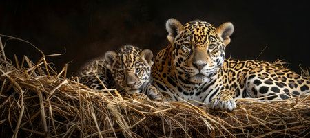 Male jaguar and cub portrait with open space on the left for text, object on right sideの素材